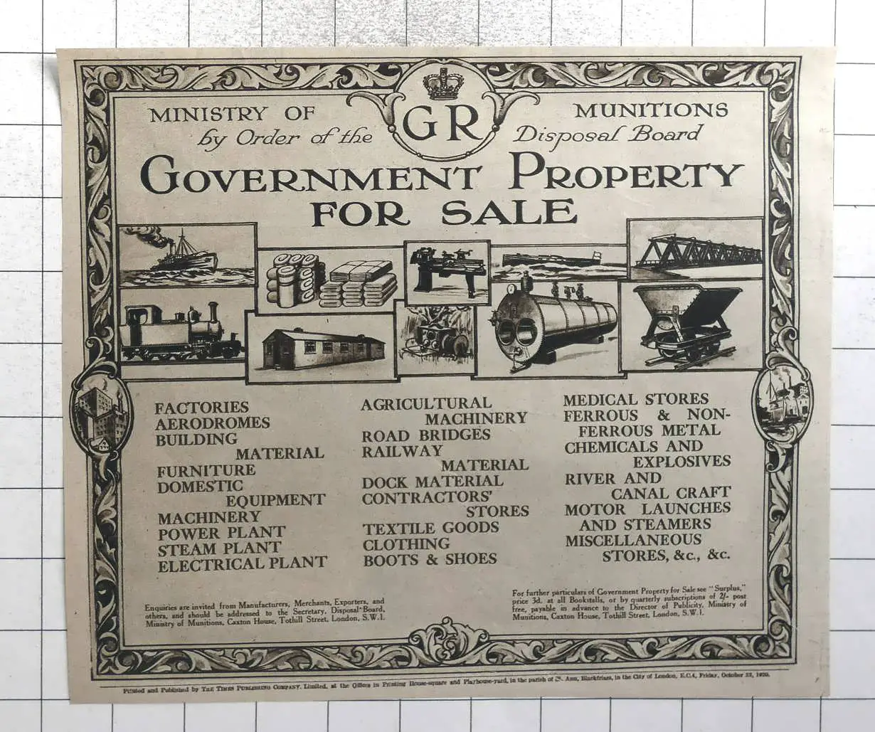 1920 Ministry Of Munitions Government Property For Sale, Surplus ...