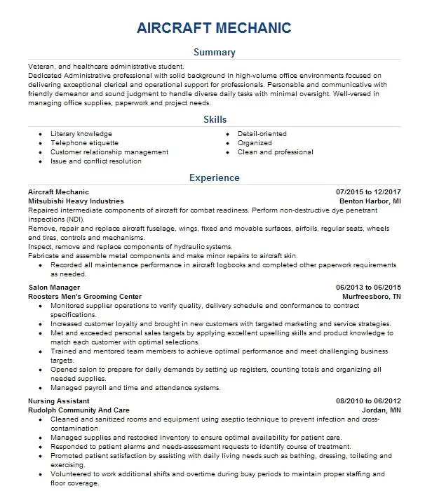 Aircraft Mechanic Resume Example Federal Government/Military