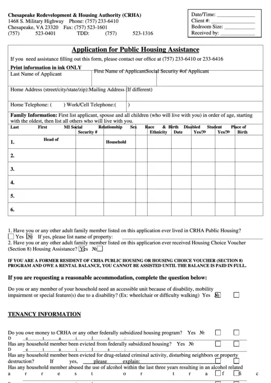 Application For Public Housing Assistance printable pdf ...