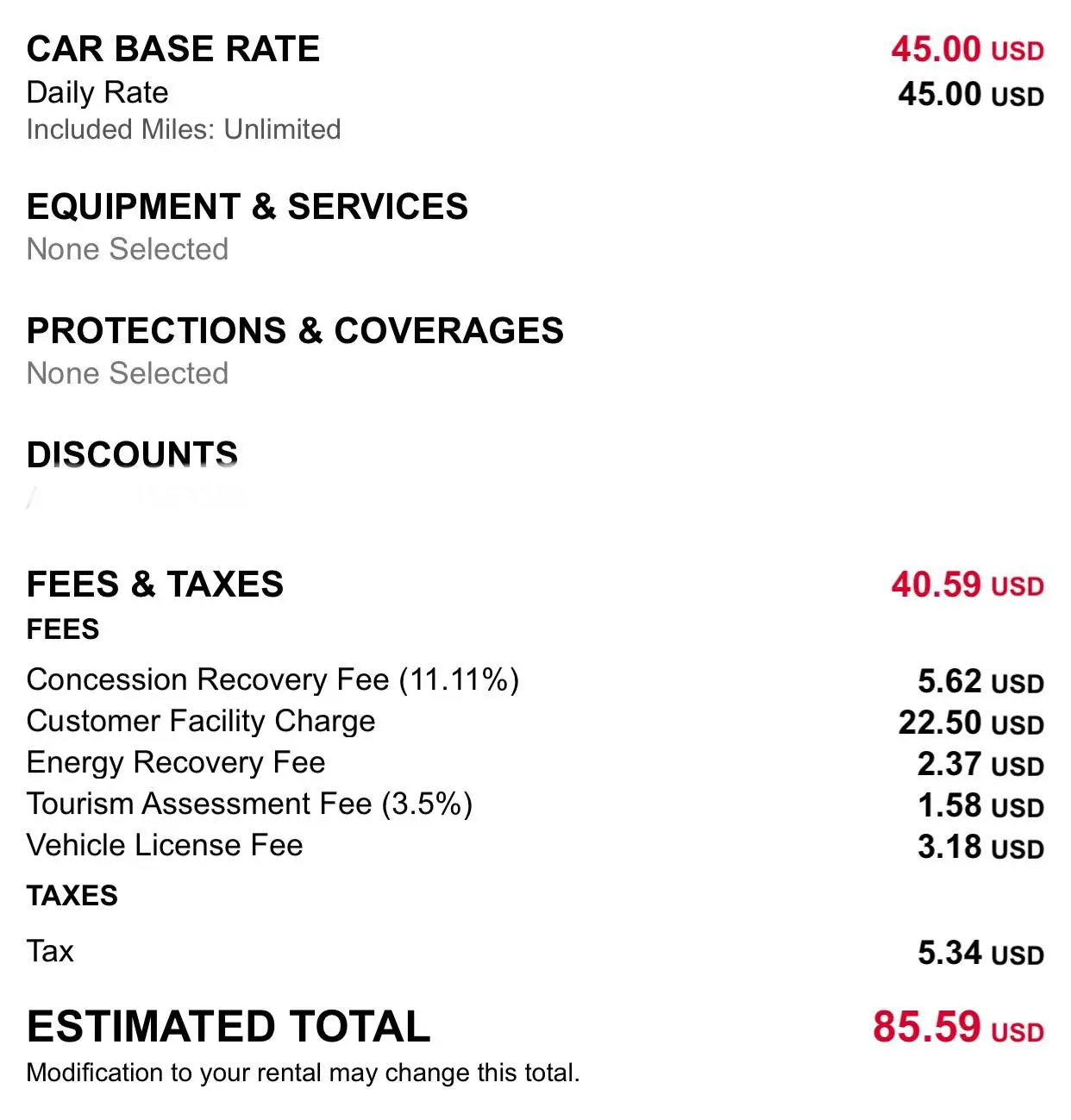 Avis rental car fees and taxes being nearly the same as the daily base ...