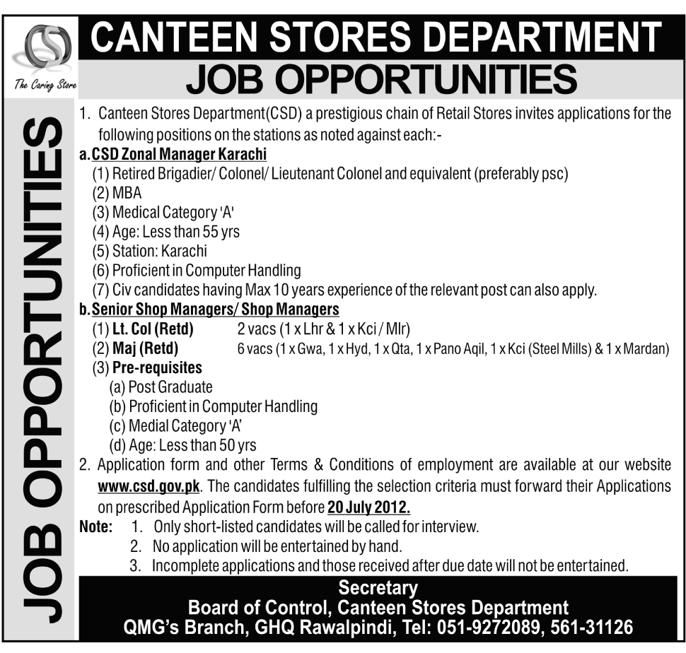 Canteen Stores Department (CSD) Requires Management Staff (Government ...
