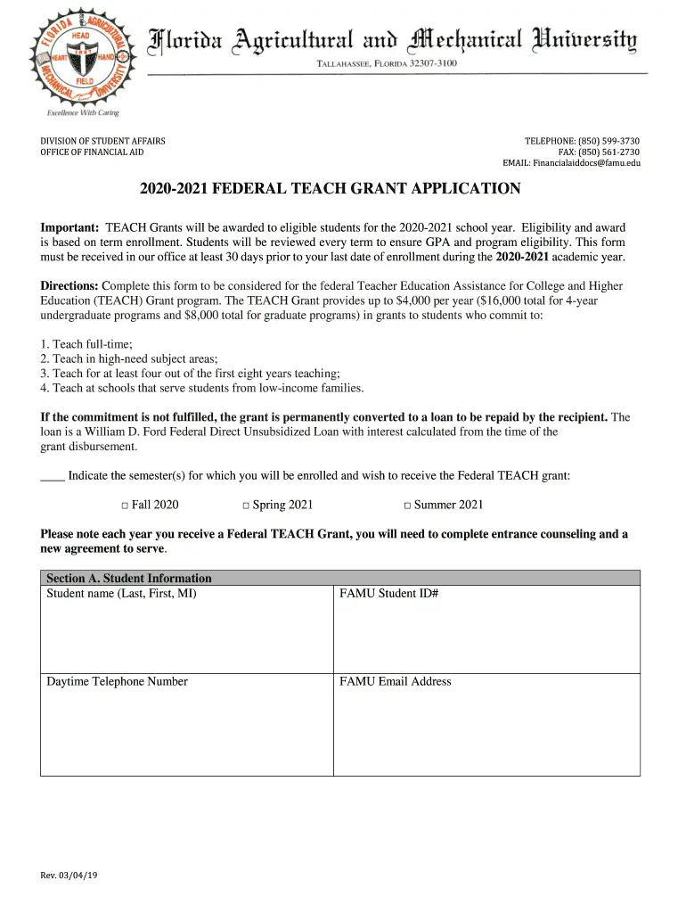 FAMU Federal Teach Grant Application 2020