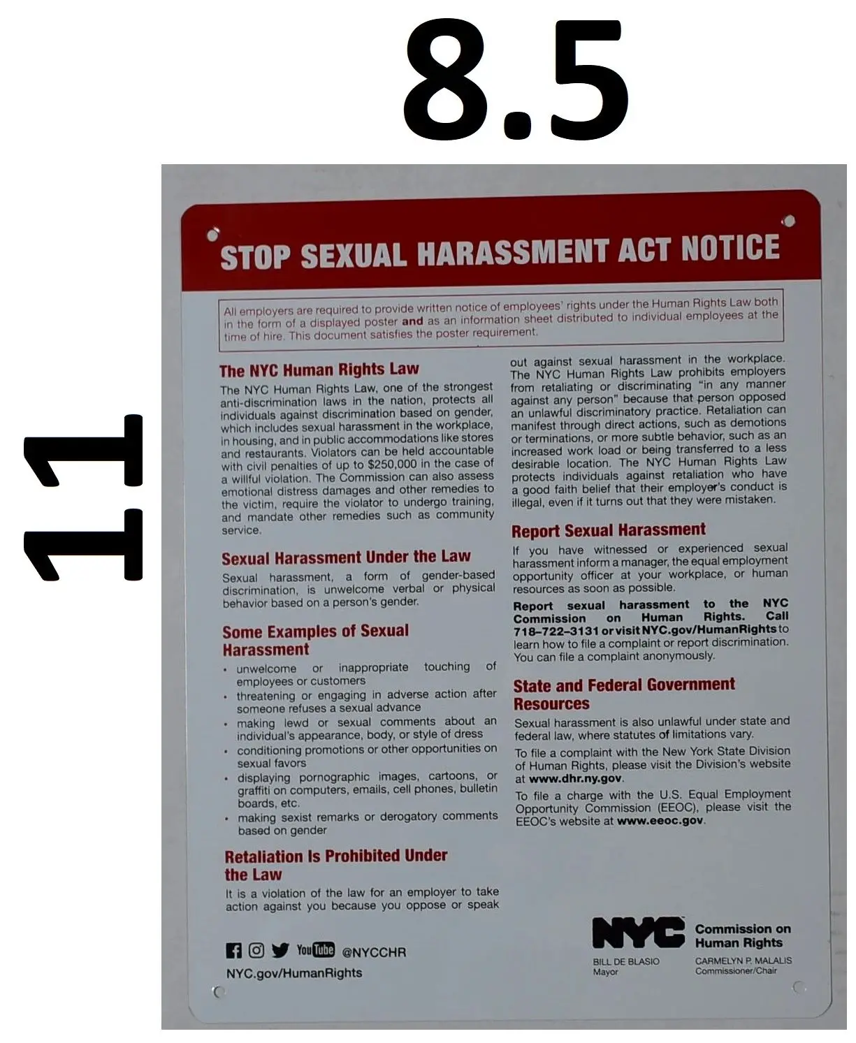 HPD SIGNS:STOP SEXUAL HARASSMENT ACT NOTICE SIGN (ALUMINUM SIGN)