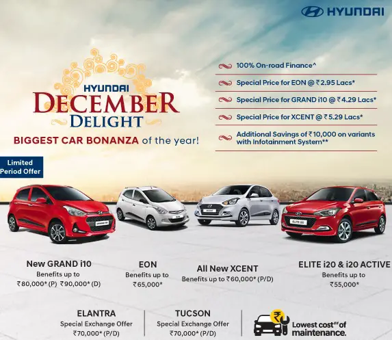 Hyundai December Delight 2017 Offer Discounts, Exchange Schemes