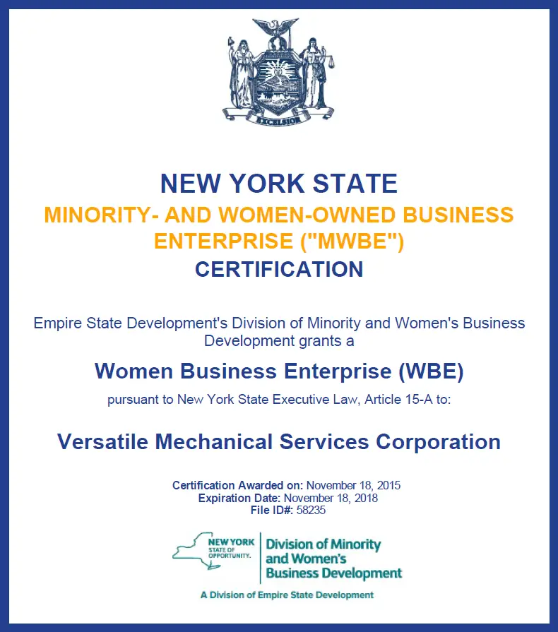 NYC &  NYS WBE « Versatile Mechanical Services