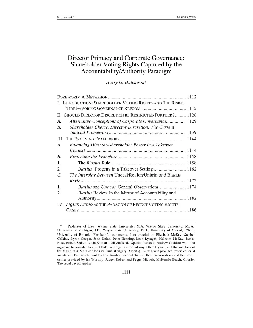 (PDF) Director Primacy and Corporate Governance: Shareholder Voting ...