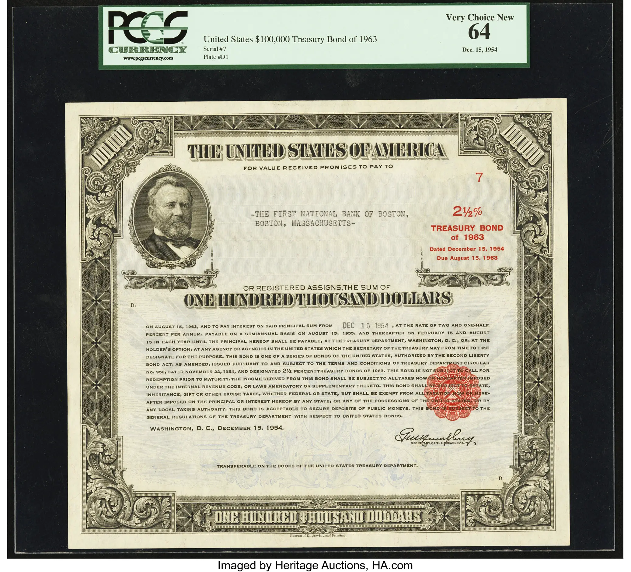 Serial Number 7 $100,000 United States Treasury Bond Due August 15 ...