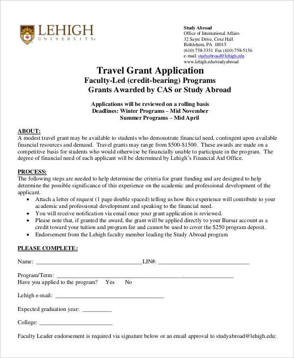travel grant sample