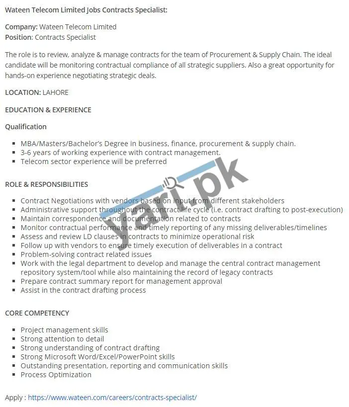 Wateen Telecom Limited Contracts Specialist Jobs In Lahore